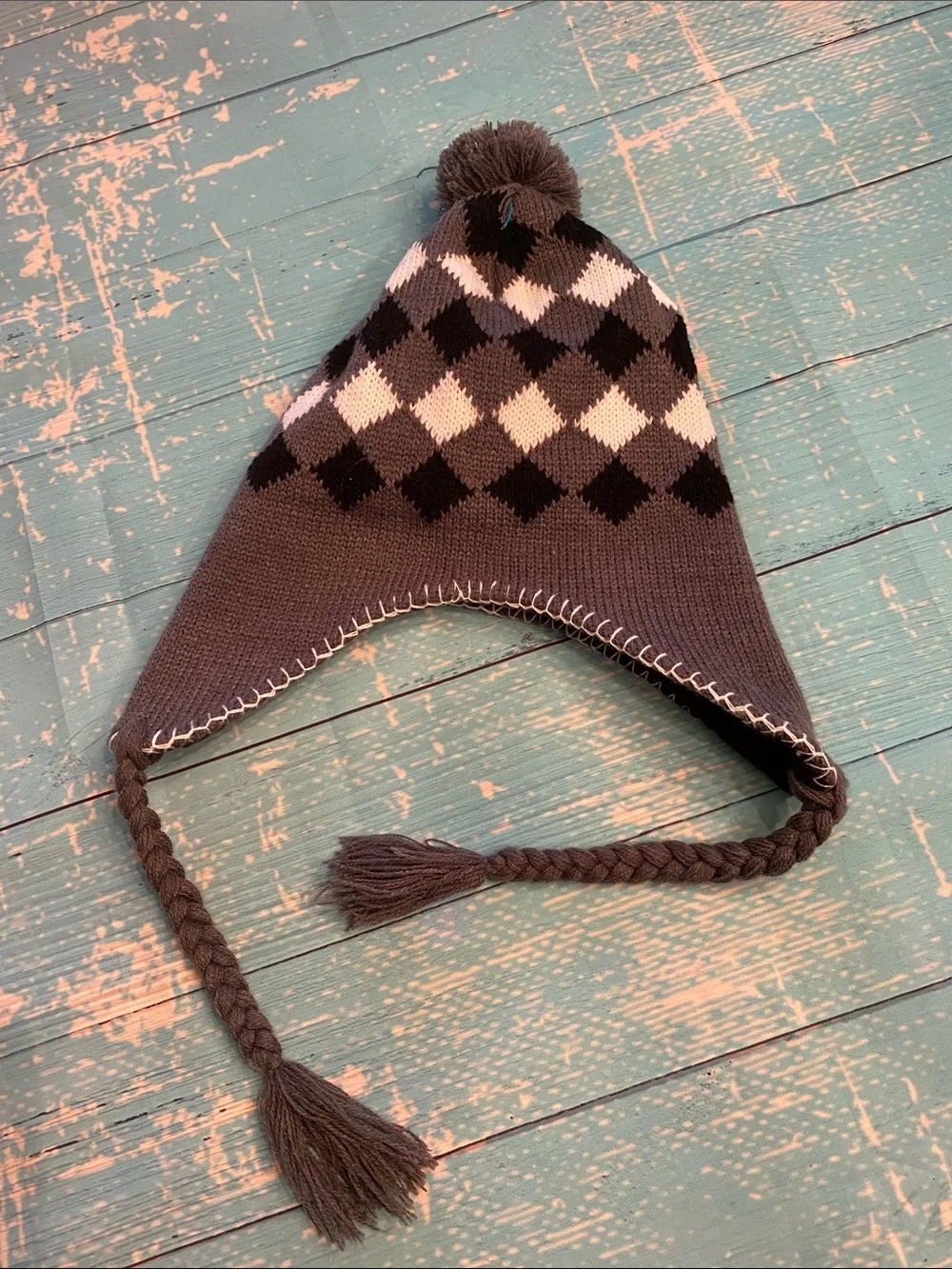 Gray, Black, White, Pom-Pom Earflap Hat